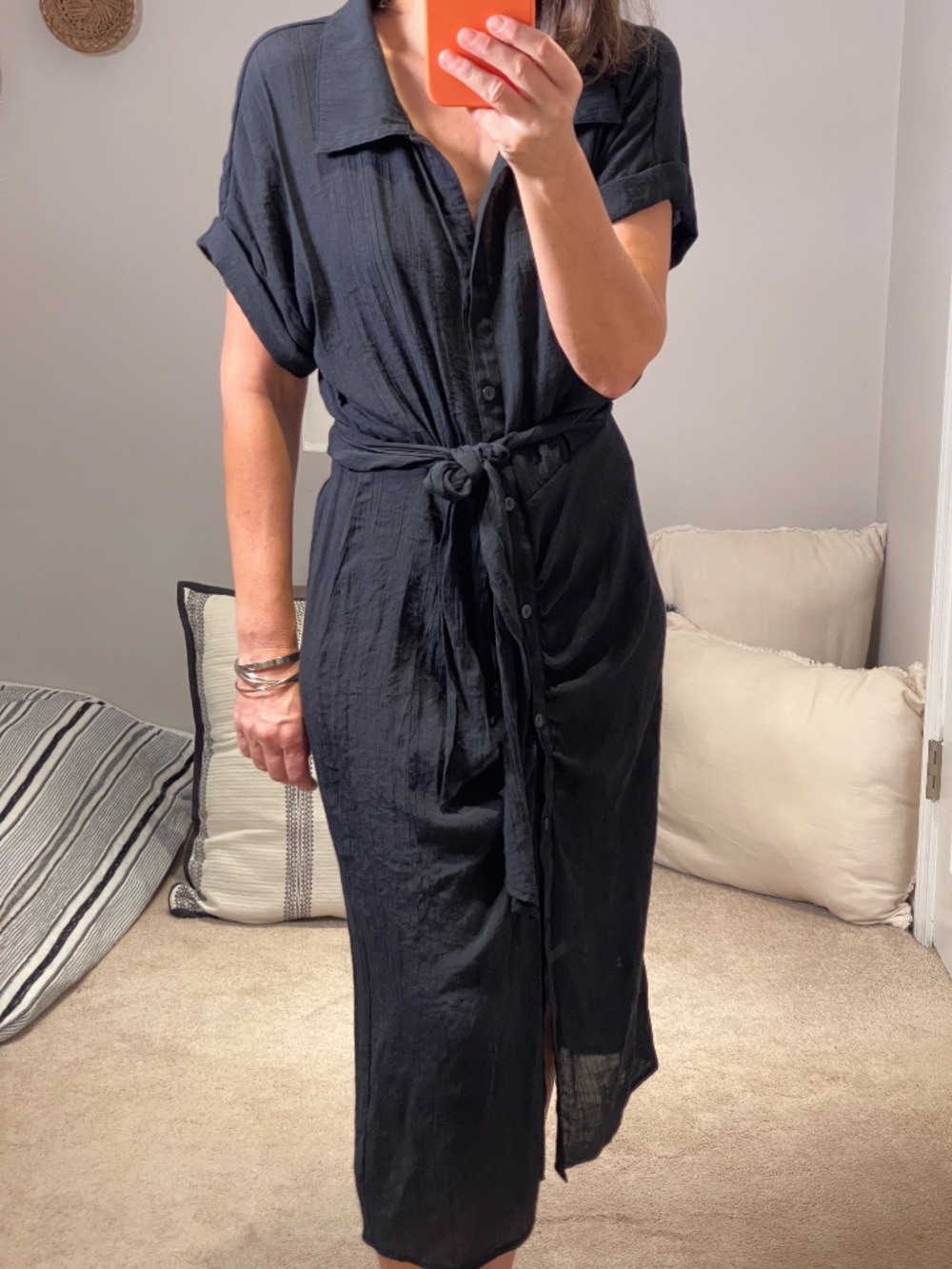 Venus black gauze short sleeve shirt midi summer dress women S